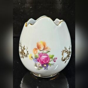 Antique Floral Porcelain Egg Shaped Bud Vase with Gold Accents East Germany